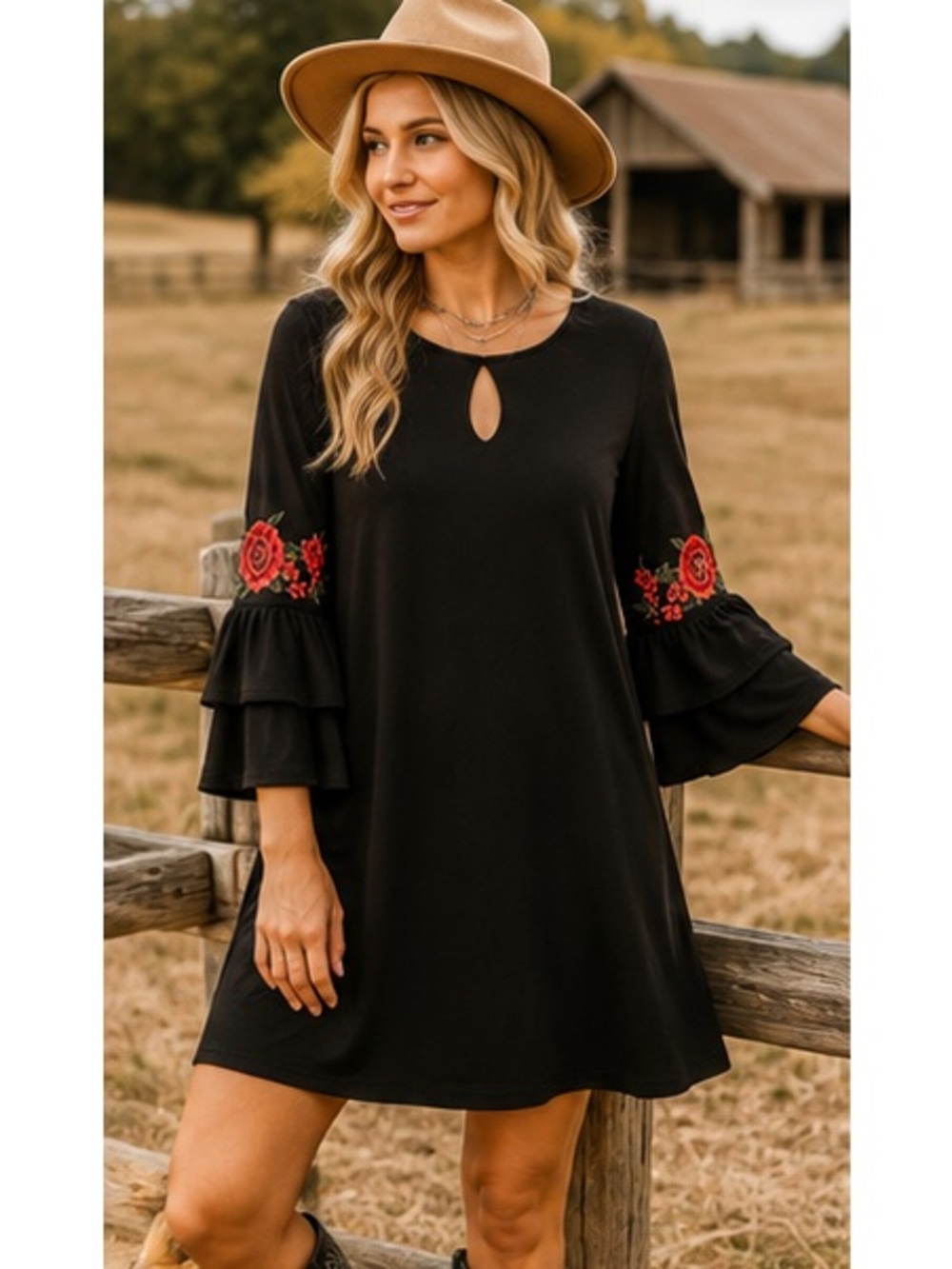 ALYX XL Black Floral Embroidered Bell Sleeve Keyhole Shift Dress